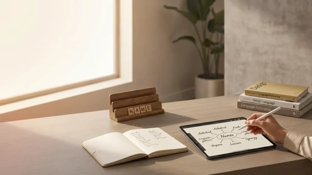 Creative workspace showing brainstorming notes and linguistic patterns for name generation.