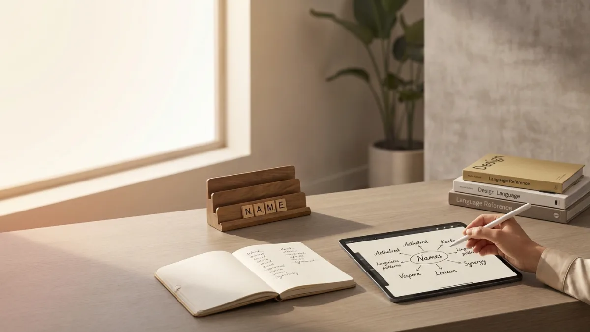 Creative workspace showing brainstorming notes and linguistic patterns for name generation.