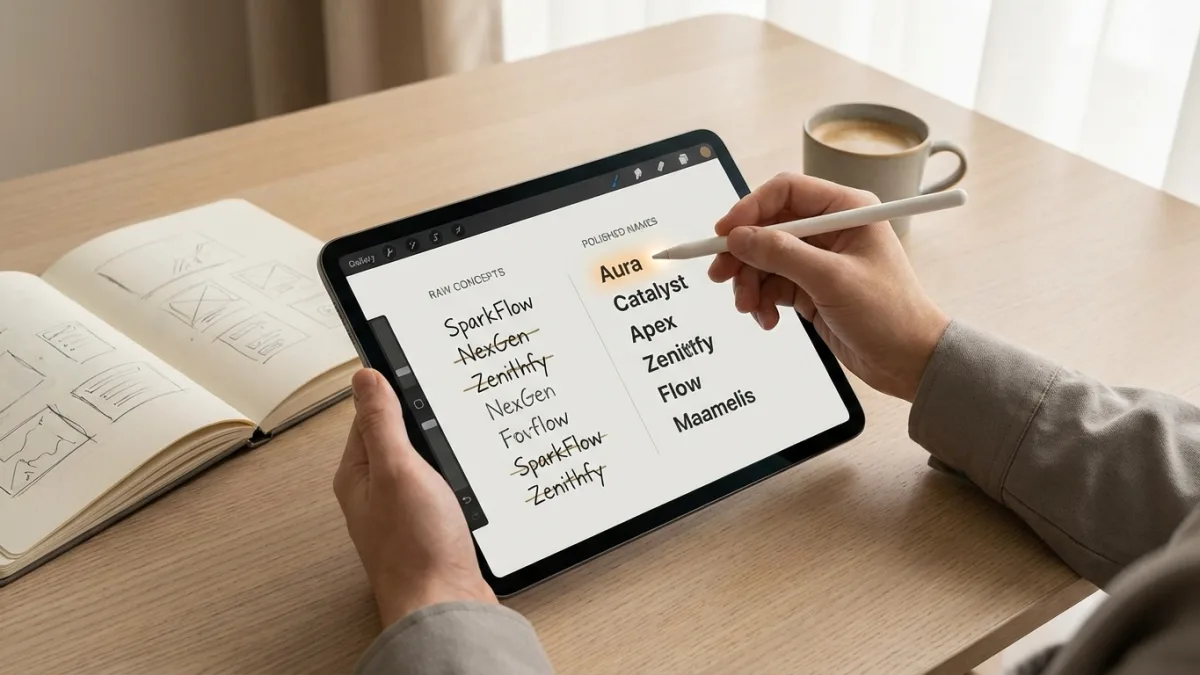 Professional refining a raw list of generated names into polished final options for a brand.